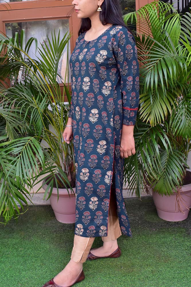 Hand Block Print Cotton Kurta with pitta work Size - 38, 40, 42, 44