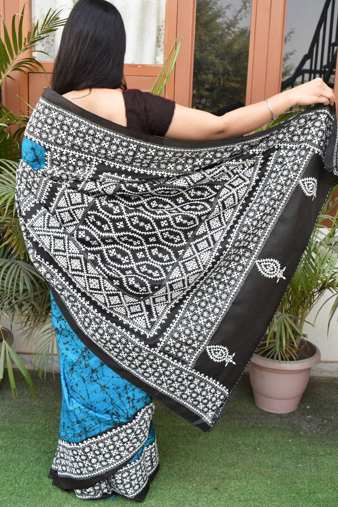 Hand Embroidered Sindhi Stitch work & Wax Batik Bangalore Pure Silk saree