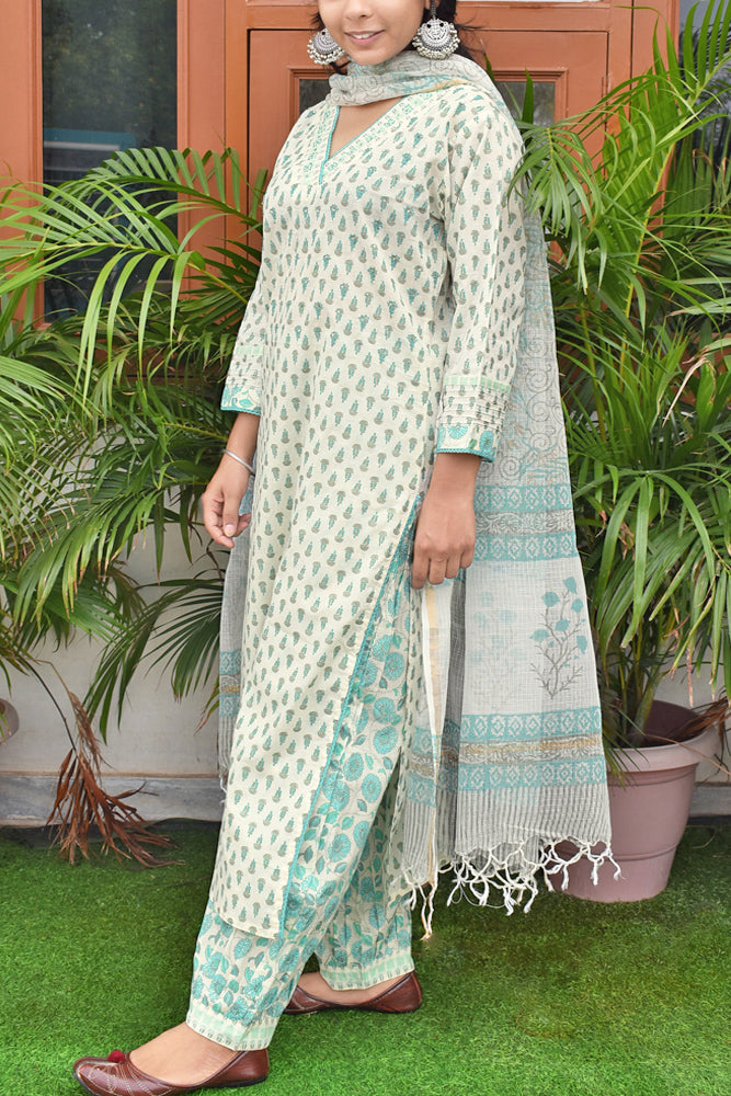Hand Block Printed & Hand Embroidered Cotton suit with Afghani pant - Kurta , Dupatta & Pant - Size 38, 40, 42 ,44
