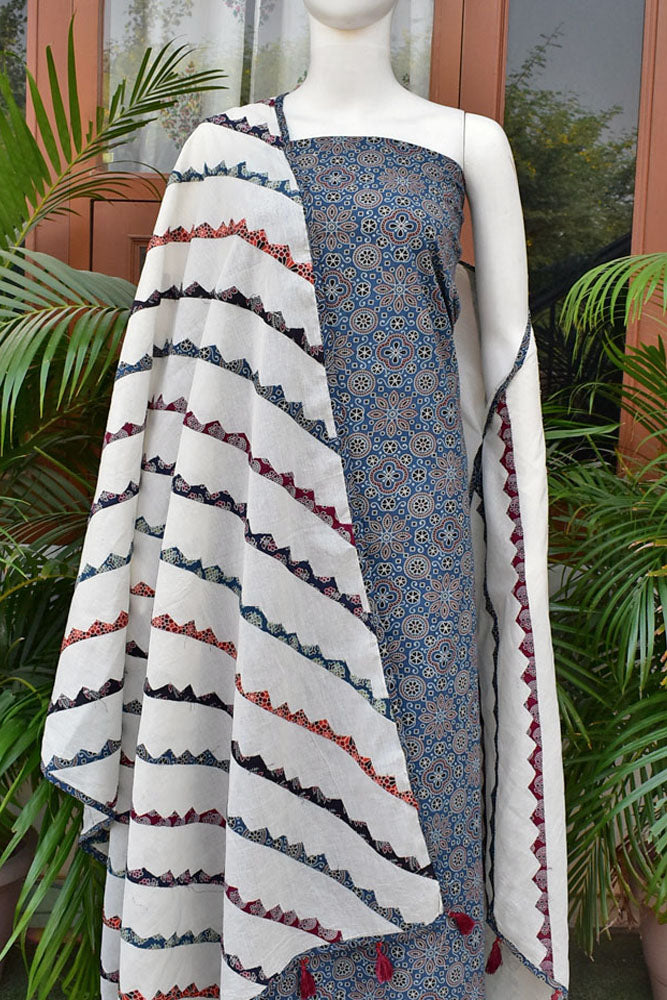 Beautiful Ajrakh Cotton Kurta fabric with Heavy Hand Applique Work dupatta