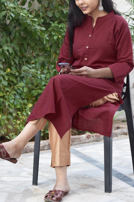 Beautiful  Cotton Kurta with one side pocket  size - 38 to 48 - dark maroon