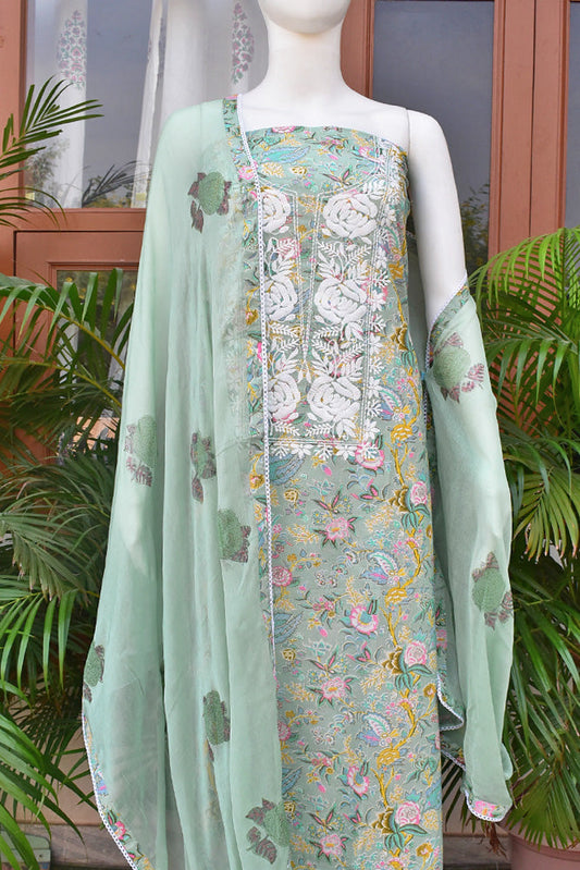 Beautiful Soft Cotton Unstitched Suit Fabric with Embroidery work, Lace Detailing & Chiffon dupatta