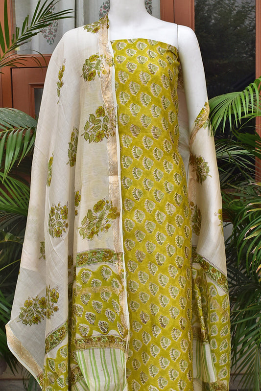 Elegant Sanganer Hand Block Printed Maheshwari Unstitched suit fabric