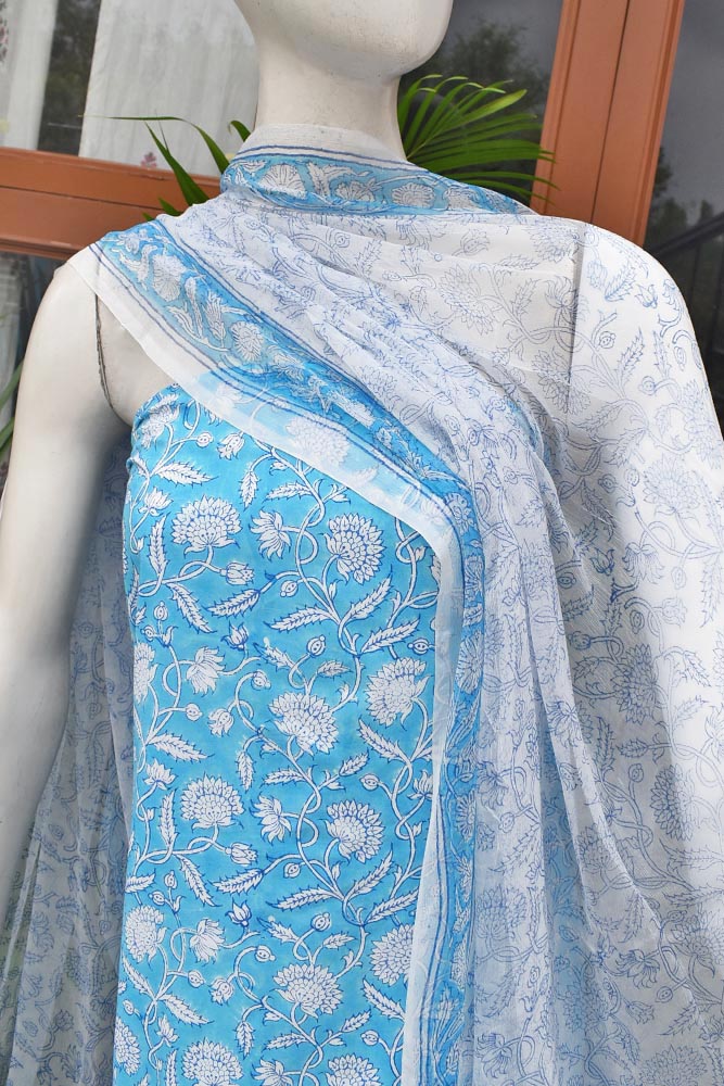 Hand Block Printed Cotton unstitched suit fabric with Chiffon dupatta