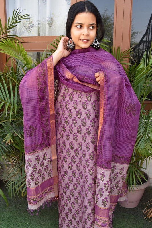 Elegant Handwoven Mangalgiri Cotton suit with Hand block print