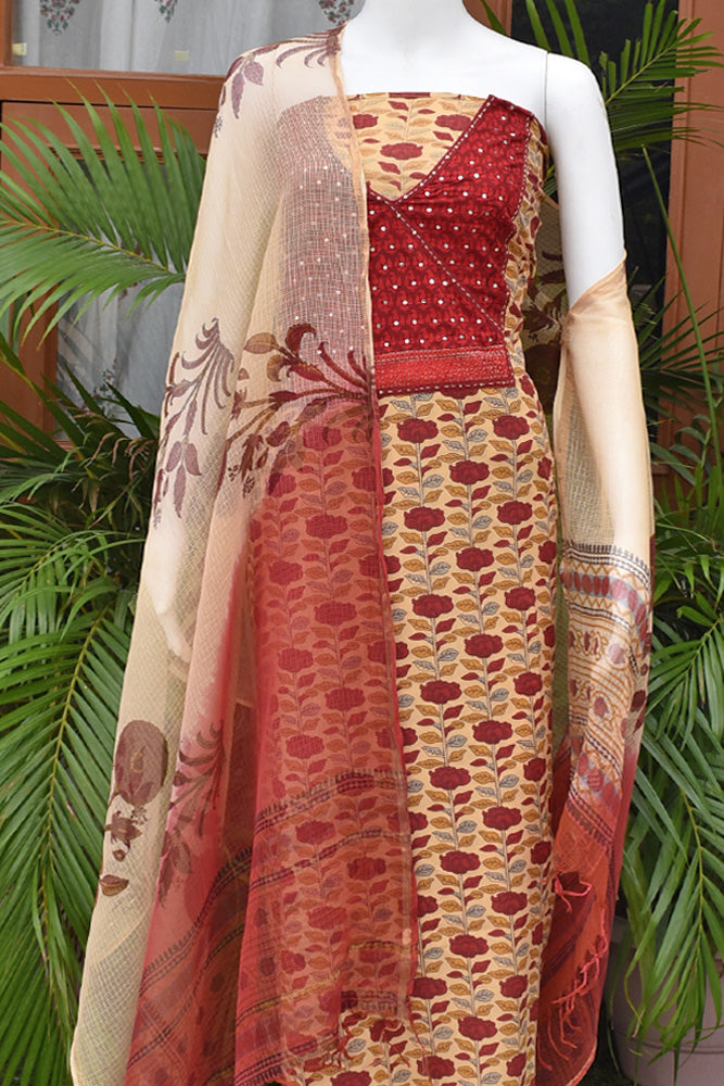 Beautiful Soft Cotton Unstitched Suit with Intricate Hand Embroidery with Kota Doria Dupatta