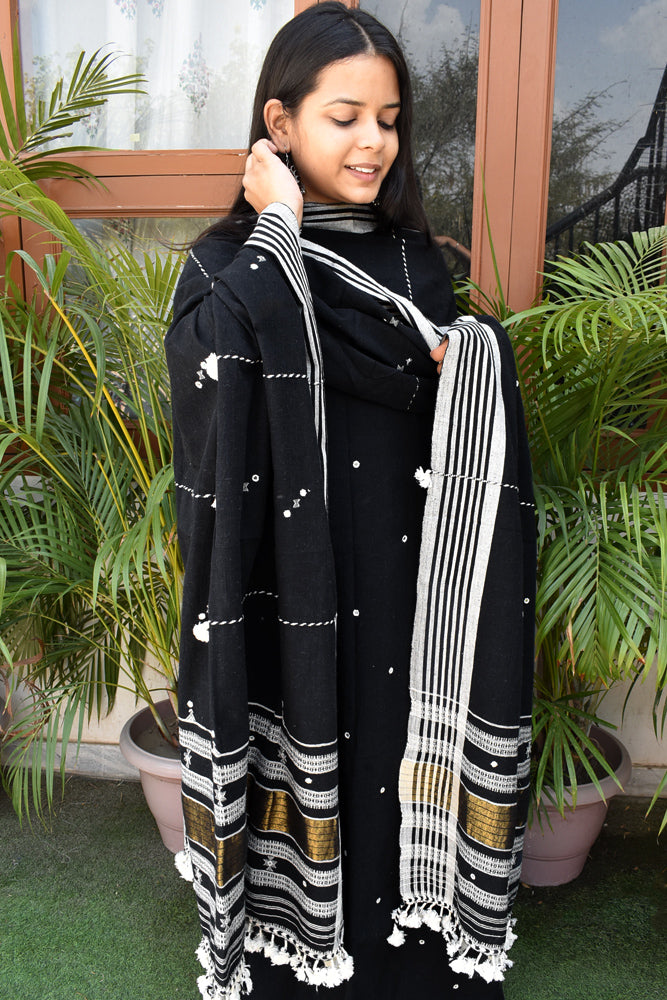 Premium Handwoven Kala Cotton Bhujodi suits with Mirror and Miri work - 3 pc set