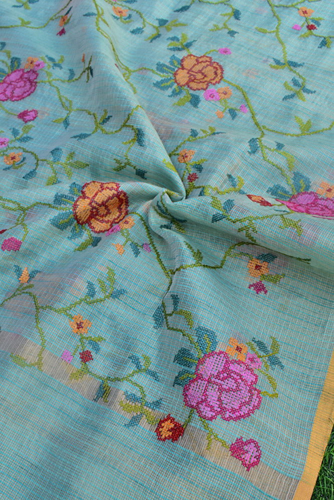 Elegant Kota Tissue dupatta with All over Cross Stitch Embroidery - sea green