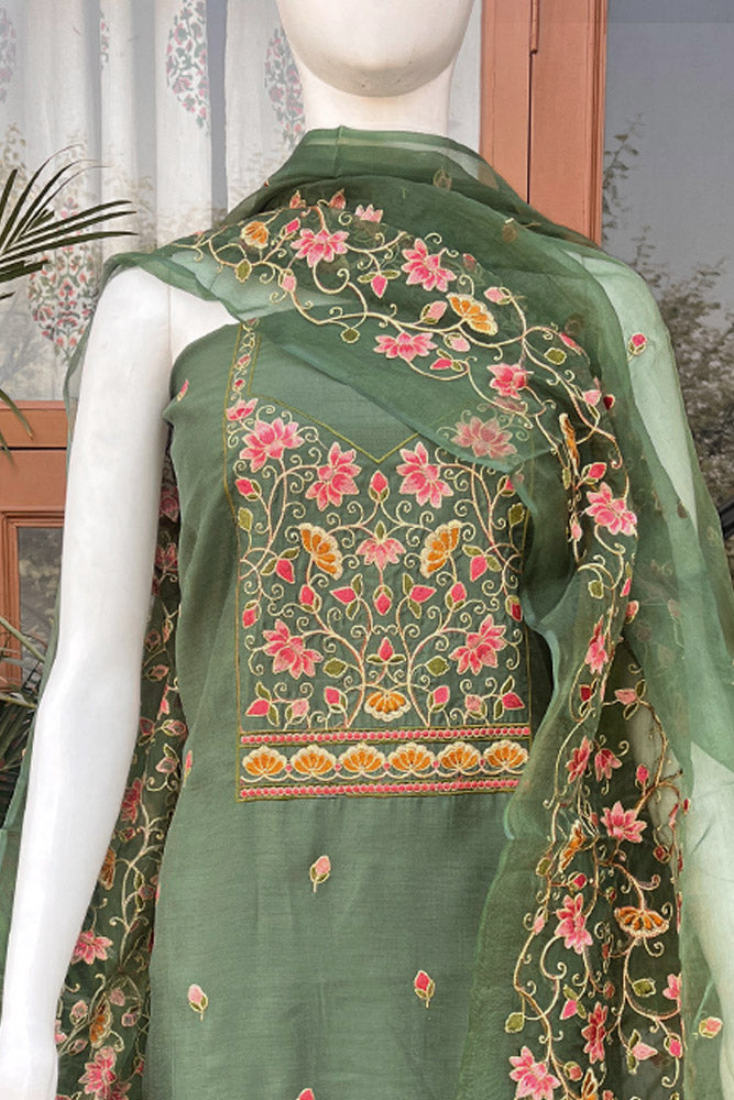 Elegant Blended ( art) Silk Unstitched suit with Embroidered Kurta and Organza Dupatta & blended silk bottom