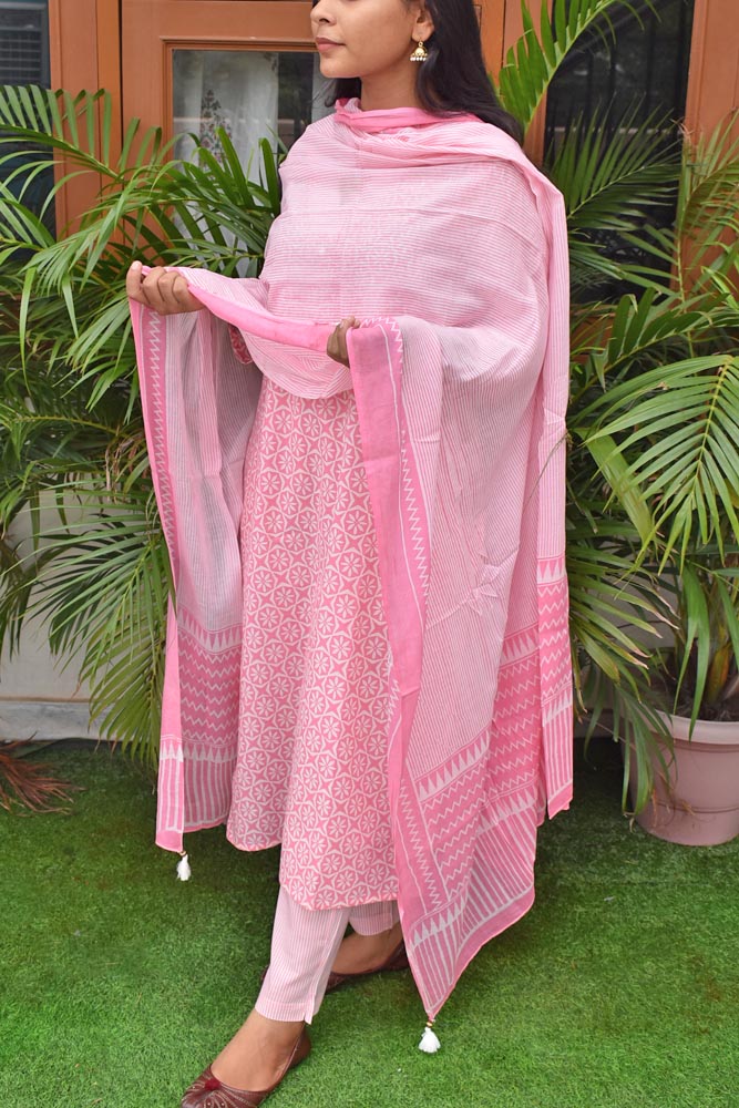 Hand Block Printed Cotton suit with Hand Embroidery & Sequins work- Kurta , Mul cotton Dupatta & Pant - size 36, 38, 40, 42, 44
