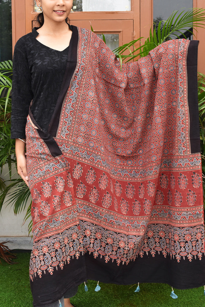Ajrakh Hand Block Printed Cotton Dupatta with Tassels with natural dyes
