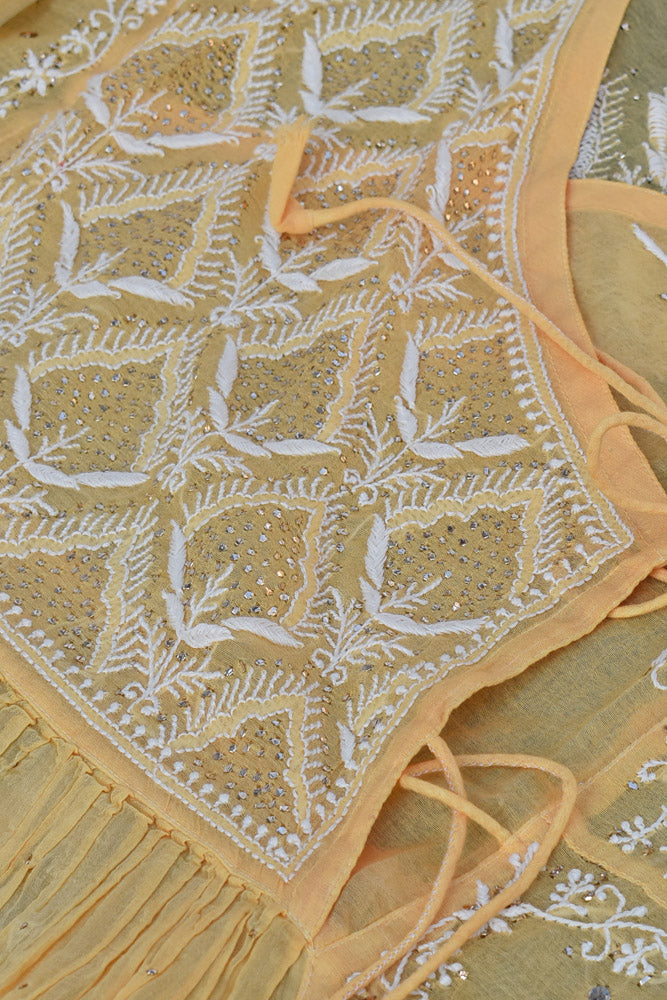 Elegant Mul chanderi silk Semi stitched Angarkha & dupatta set with Chikankari & Muqaish work