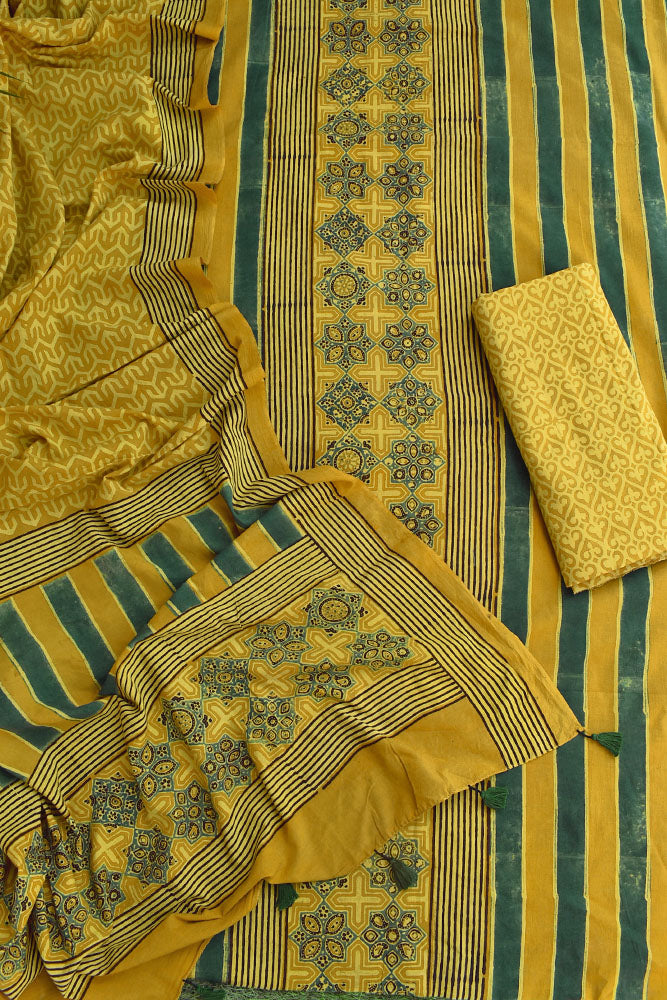Hand Block Print Ajrakh Cotton Suit with designer Ajrakh neck yoke pattern