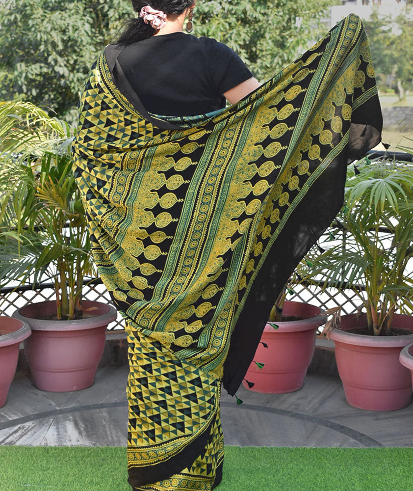 Elegant Hand Block Printed Ajrakh Modal Silk Saree with tassels