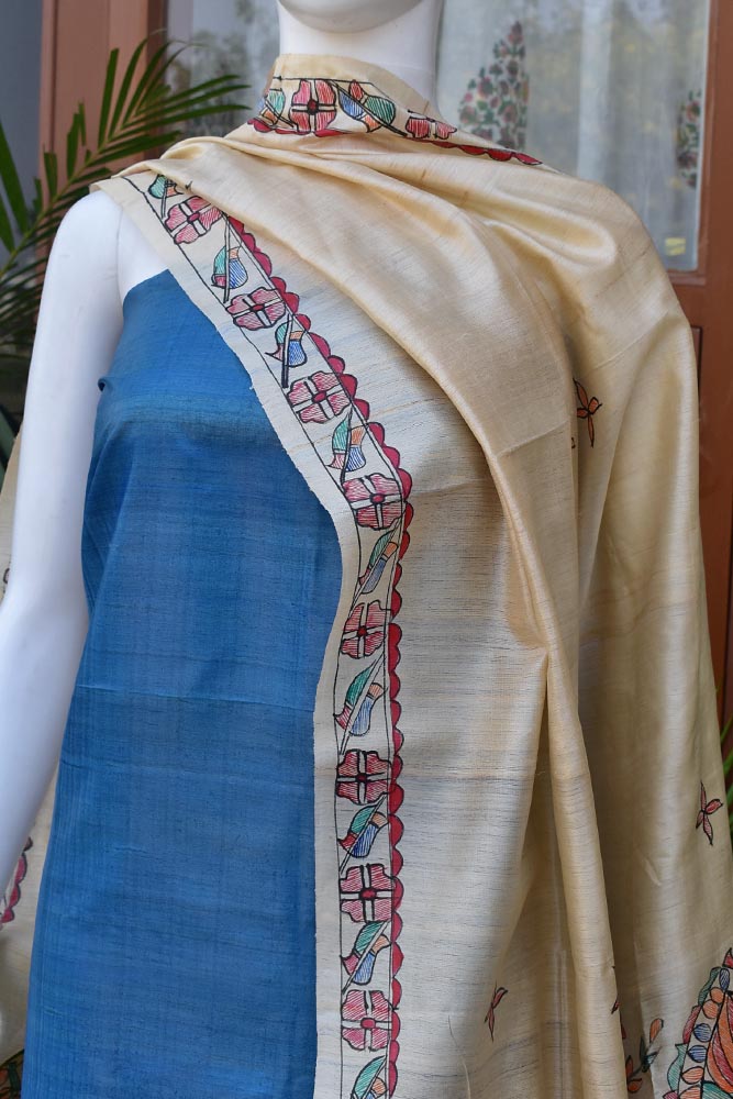Hand Painted Madhubani Pure Tussar Silk Dupatta  & Tussar silk Kurta fabric Set