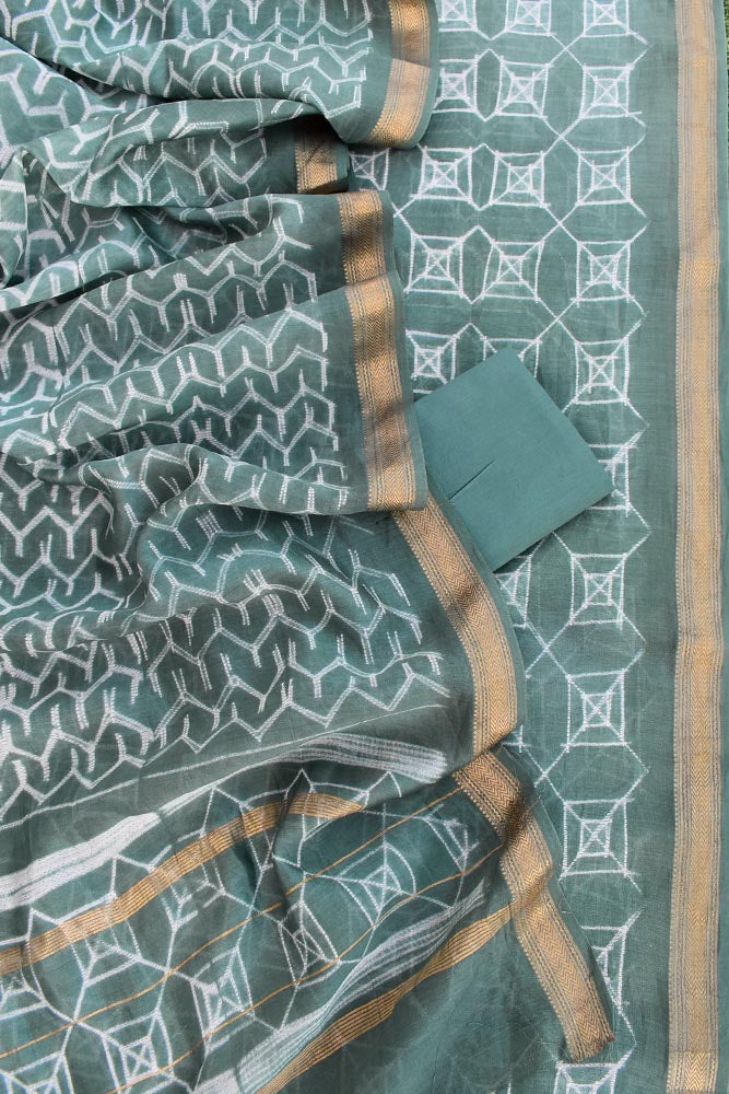 Premium Maheshwari Silk Cotton suits with Nui Shibori Work & Woven Zari Borders - 3 pc set