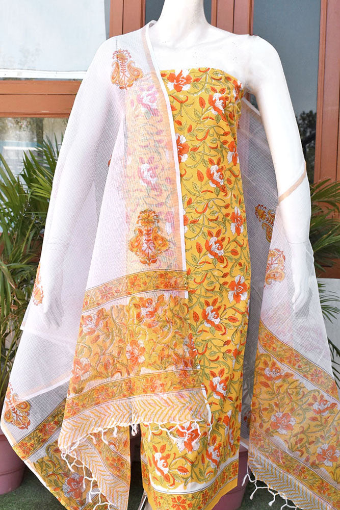 Beautiful Hand Block Printed Cotton unstitched suit fabric with Kota Doria Dupatta