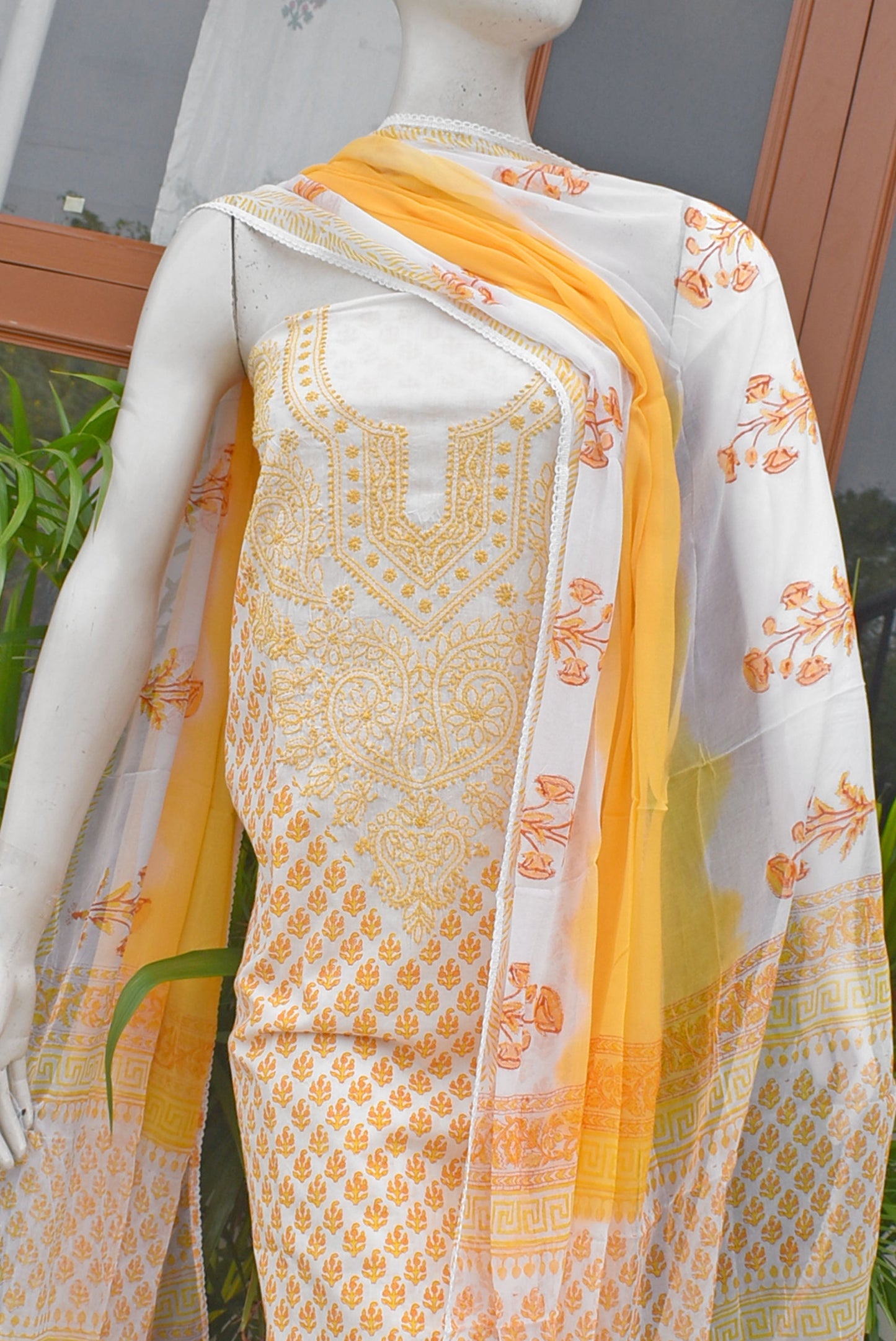Beautiful Cotton Unstitched Suit Fabric with Chikankari & Hand Block printing