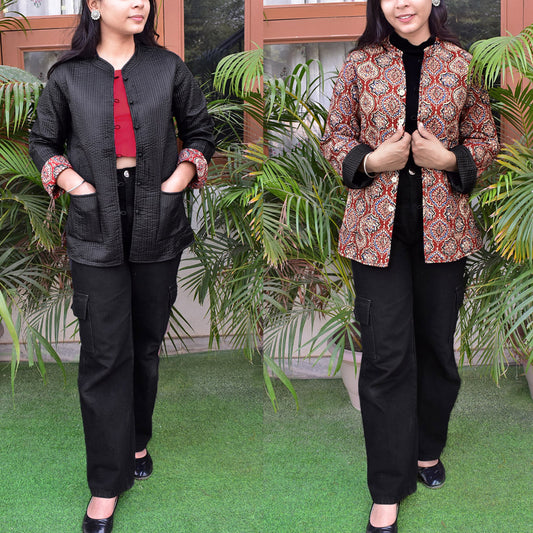 Block Print Quilted Reversible Silk & cotton jacket - Size 38, 42