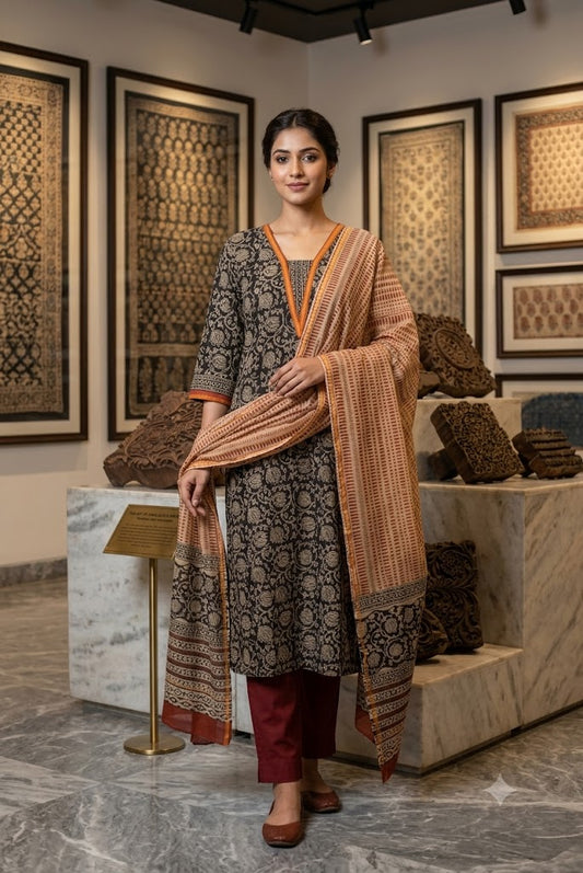 Designer Chanderi Hand Block Print 3 pc Suit  - 38 to 46 size