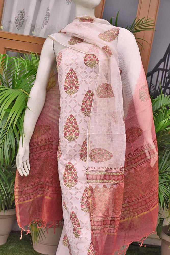 Hand Block Printed Cotton Suit with Hand applique work & Kota dupatta