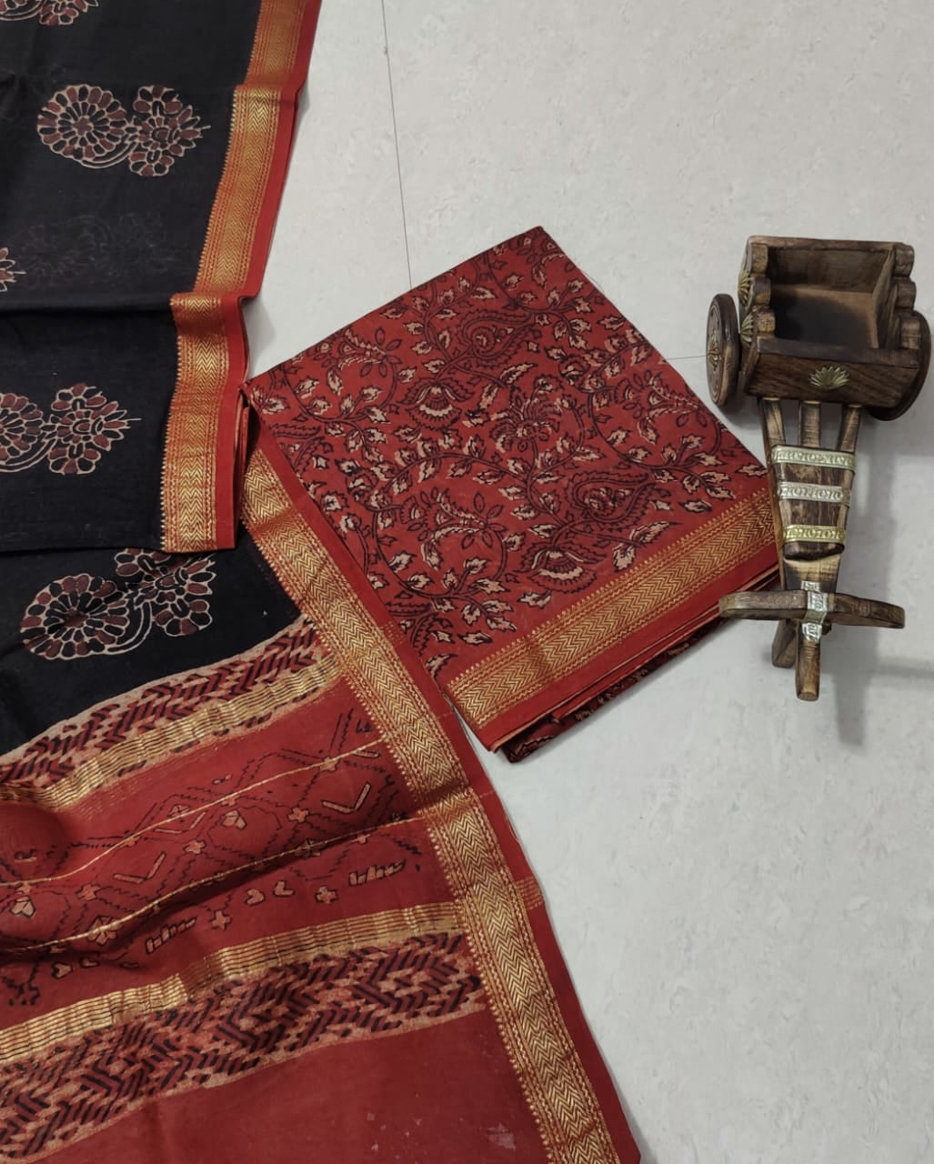 Beautiful Ajrakh Bagru Hand Block Printed Maheshwari Kurta & Dupatta Fabric