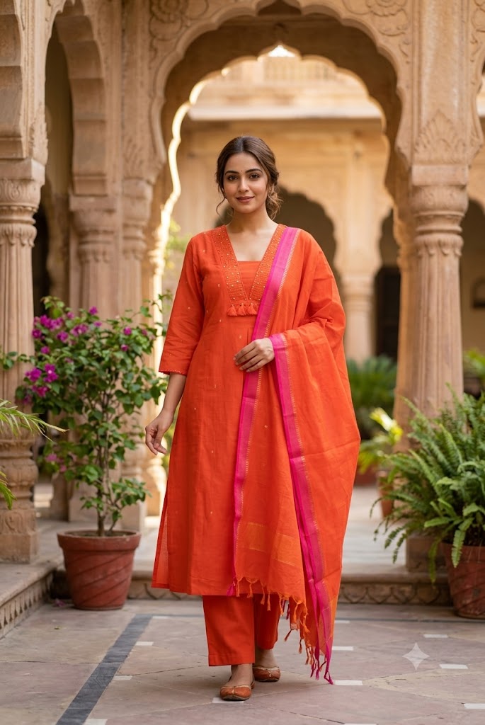Designer Hand Block Printed Cotton 3 pc Suit  - 40 to 46 size