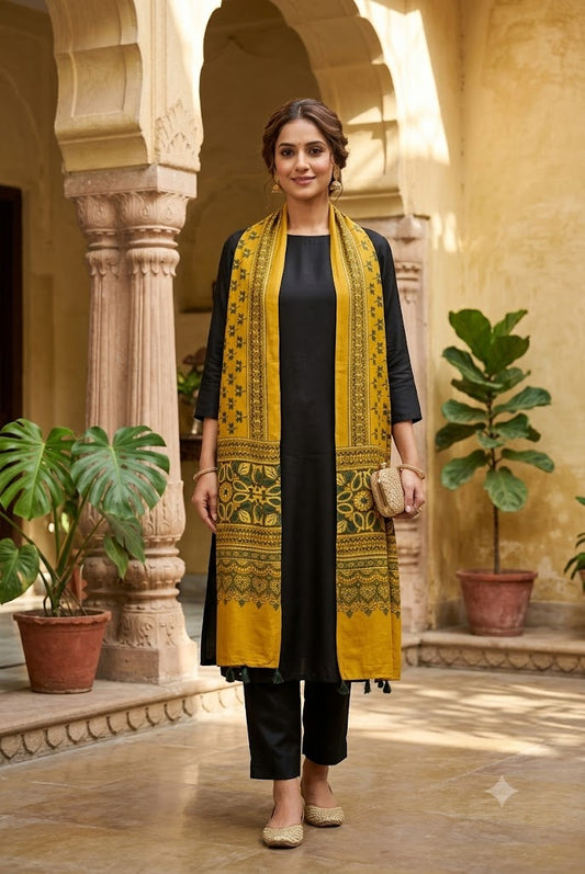 Beautiful Hand Block Printed Ajrakh Modal Silk stole with Tassels