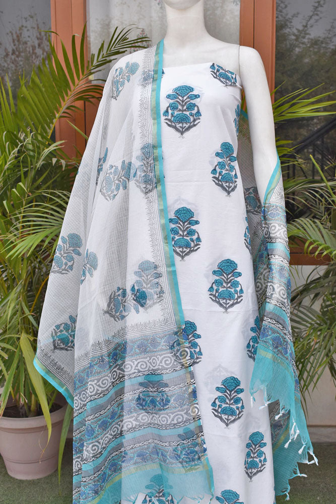 Beautiful Hand Block Printed Cotton kurta fabric with Kota Dupatta