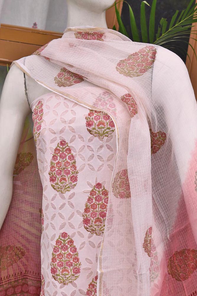 Hand Block Printed Cotton Suit with Hand applique work & Kota dupatta