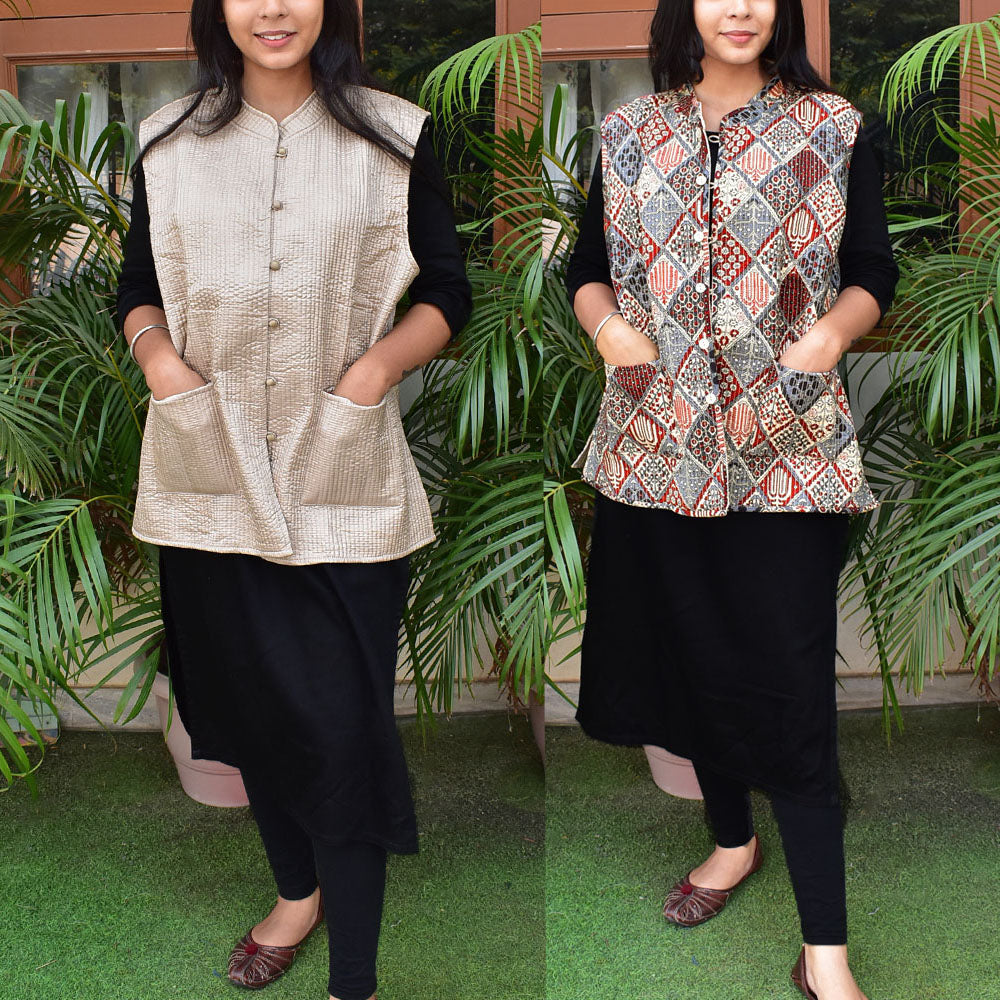 Block Print Quilted Reversible cotton & silk jacket - Size - 44, 46