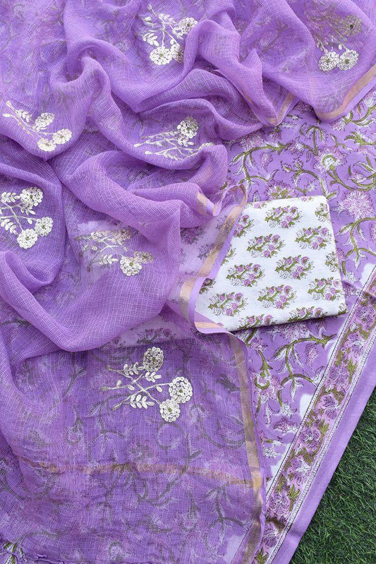 Beautiful Hand Block Printed Cotton unstitched suit fabric with Kota Doria Dupatta with Pittan & Meena work bootis
