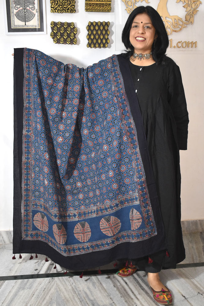 Ajrakh Hand Block Printed Cotton Dupatta with Tassels & natural dyes