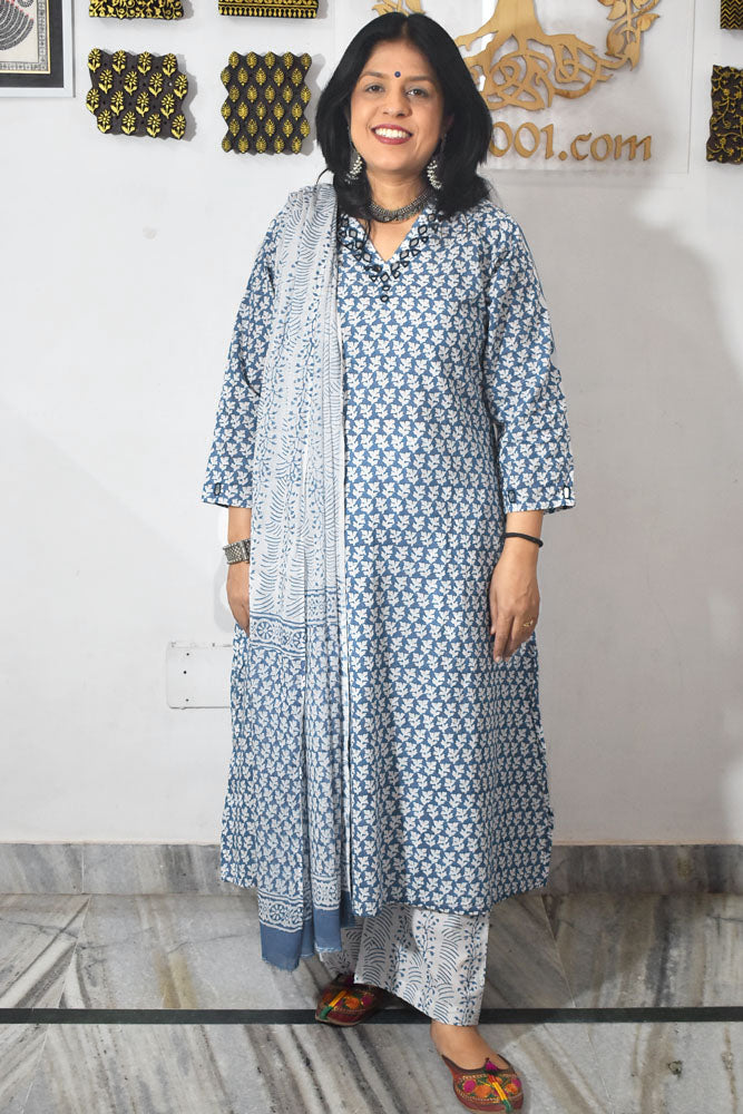 Beautiful Hand Block print Cotton suit with Kutch Mirror Work & Cotton Dupatta