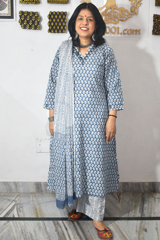 Beautiful Hand Block print Cotton suit with Kutch Mirror Work & Cotton Dupatta