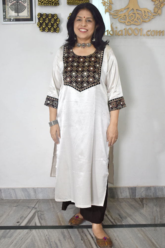 Beautiful Mashru Silk Kurta with Ajrakh patch & Kutch mirror work size - 38-44