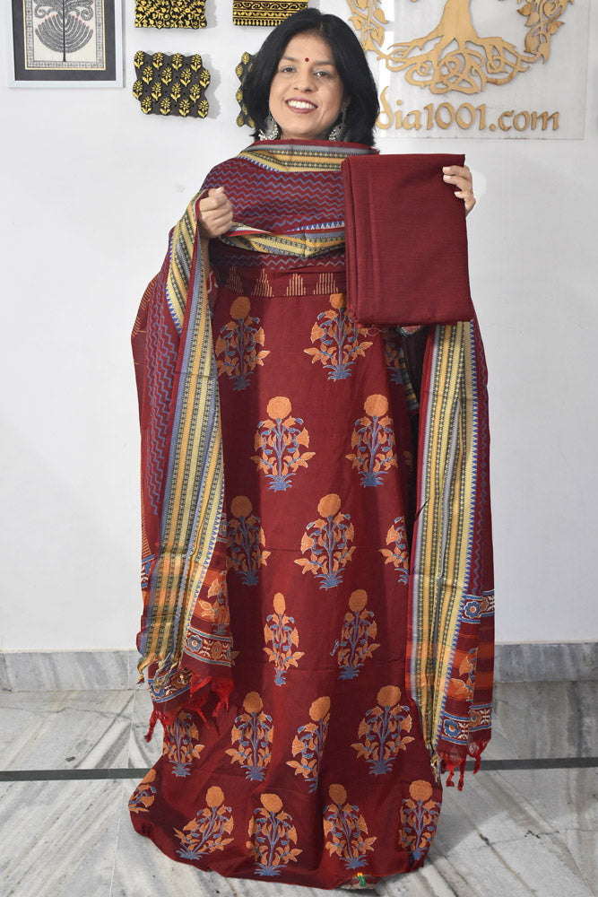 Beautiful Handwoven Chettinad Cotton suit with Hand block print Dupatta