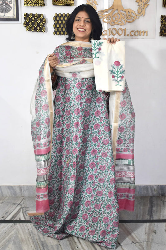 Beautiful Hand Block Printed Maheshwari Silk Cotton Unstitched suit fabric - 3 pc set