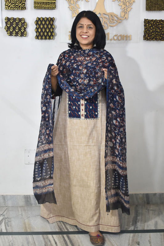 Premium Cotton Unstitched Suit with Neck patch, Intricate Hand Embroidery & Block print dupatta