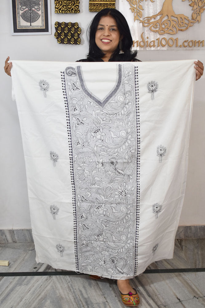 Hand Embroidered Kantha work cotton fabric - (Length 2.8 mtrs )