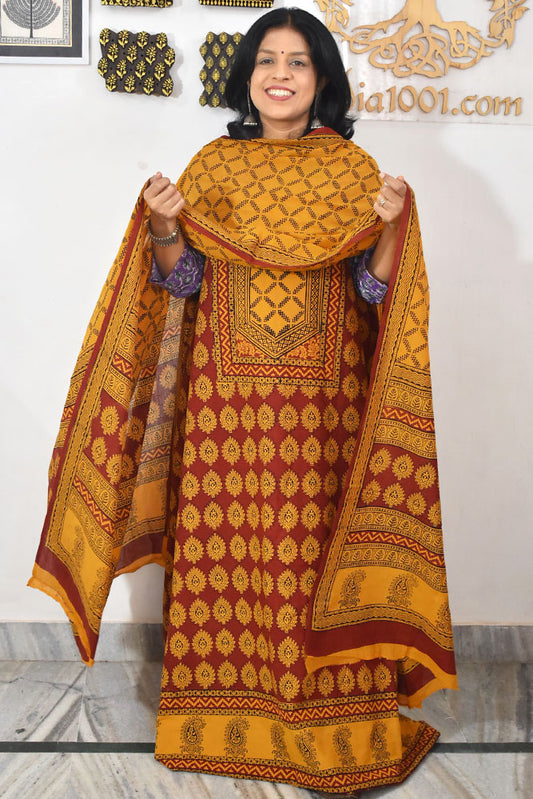 Bagh Hand Block Printed unstitched 3 pc Cotton suit fabric with Placement block print from MP