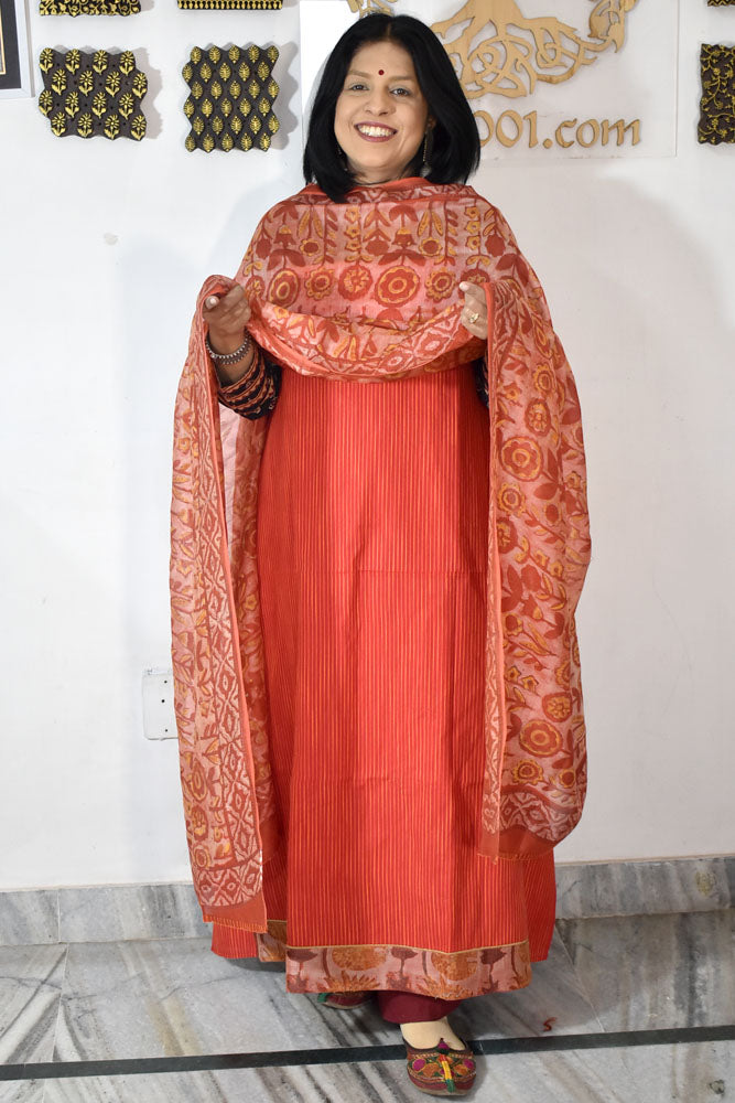 Handwoven Cotton kurta with Chanderi Dupatta & Cotton Bottom - 3 pc set