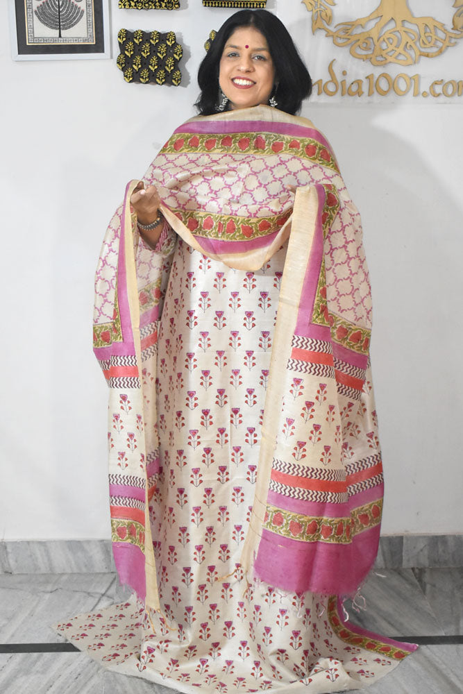 Elegant Hand Block printed Moonga Tussar Silk Kurta Dupatta Set