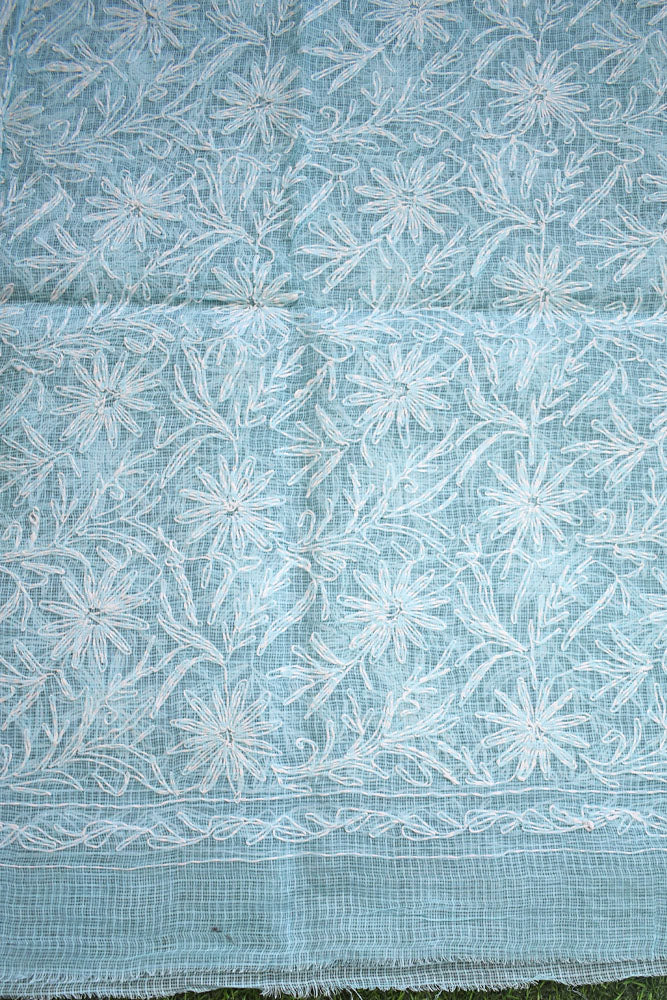 Hand Embroidered Chikankari Tepchi work Kota Doria fabric - (2.8 mtrs )