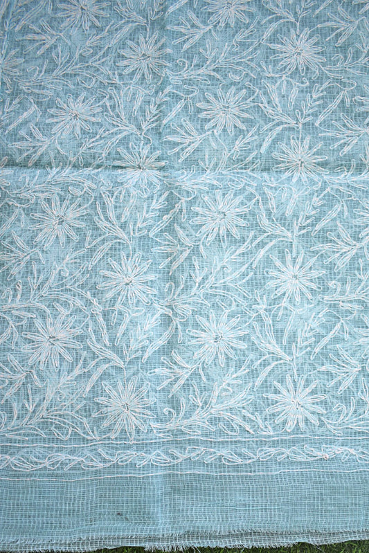 Hand Embroidered Chikankari Tepchi work Kota Doria fabric - (2.8 mtrs )