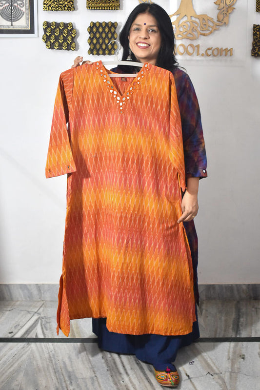 Designer Handwoven Ikkat pure cotton Kurta With Kutch Mirror Work - Size 36 to 46 ( all sizes)