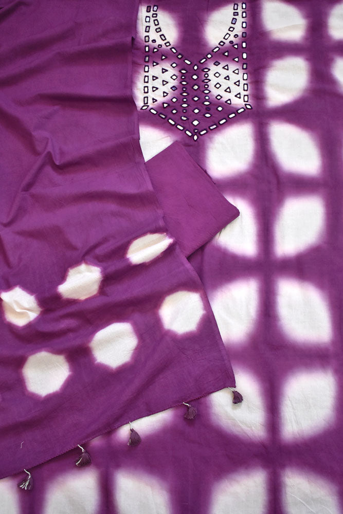 Tie & Dye Clamp Dyed cotton Unstitched Suit with Kutch Mirror work