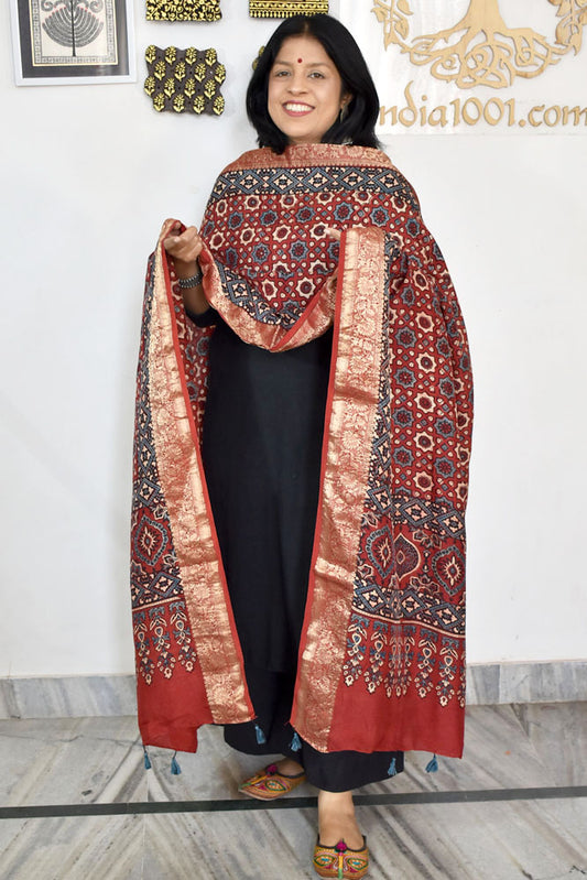 Beautiful Ajrakh Dola Silk Hand Block Print  Dupatta with Tassels
