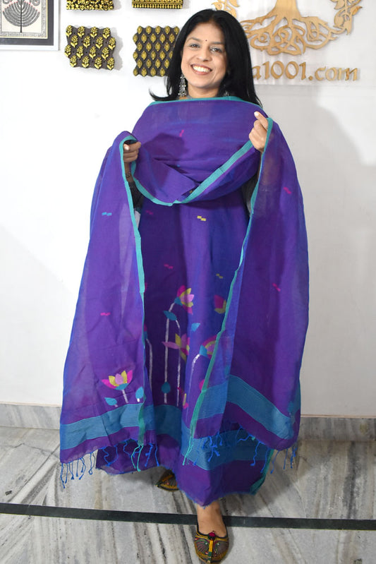 Kalakriti : Beautiful Hand Woven Soft Cotton Needle Jamdani Kurta Fabric & Dupatta set