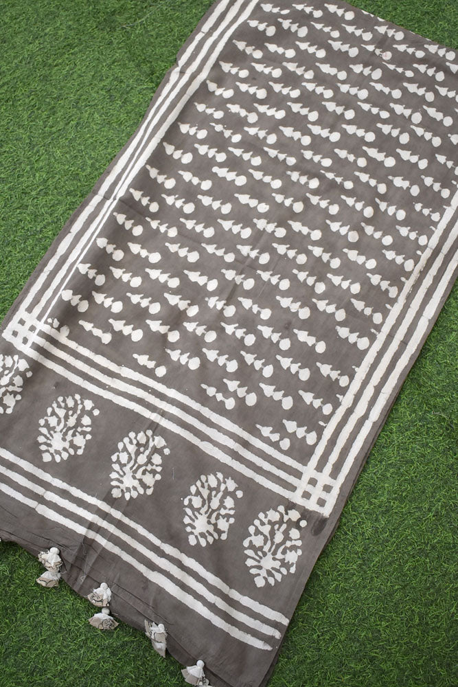 Elegant Hand block printed Cotton stole with cloth tassels